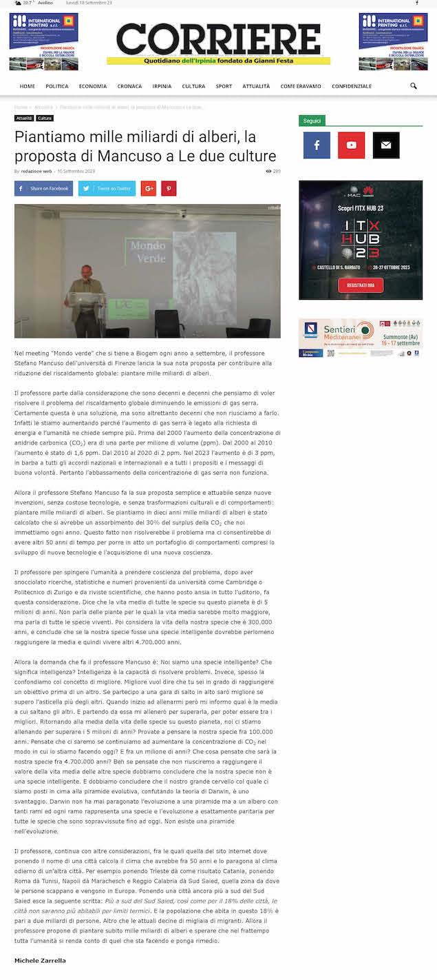 Piantiamo mille miliardi di alberi, la proposta di Mancuso a Le due culture